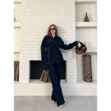 Kuşak Detaylı Denim Takım