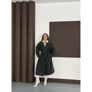 Kuşaklı Kol Manşetli Kaşe Kaban Antrasit