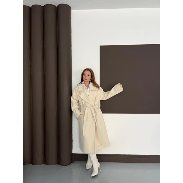 Kuşaklı Kol Manşetli Kaşe Kaban Ekru