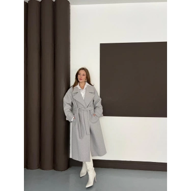 Kuşaklı Kol Manşetli Kaşe Kaban Gri