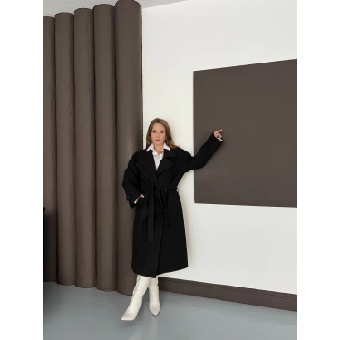 Kuşaklı Kol Manşetli Kaşe Kaban Siyah