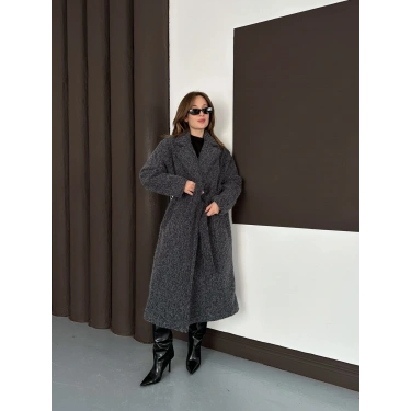 Kuşaklı Uzun Buklet Tüylü Kaban Antrasit