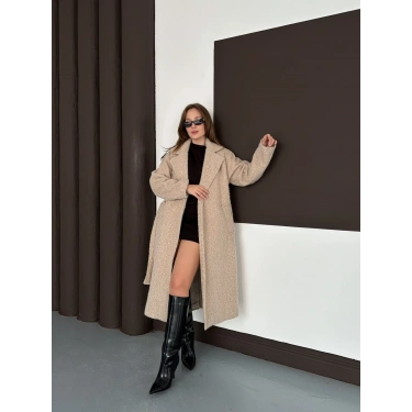 Kuşaklı Uzun Buklet Tüylü Kaban Bej