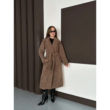 Kuşaklı Uzun Buklet Tüylü Kaban Kahve