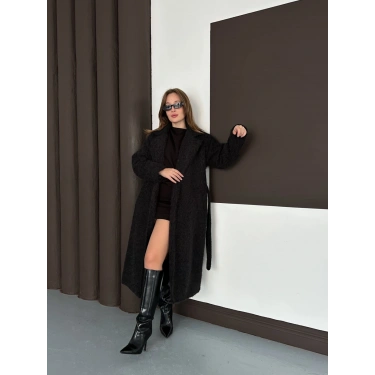 Kuşaklı Uzun Buklet Tüylü Kaban Siyah