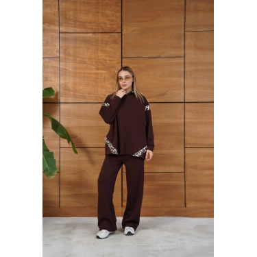 Leopar Desen Kapüşonlu Modal Takım Acı Kahve