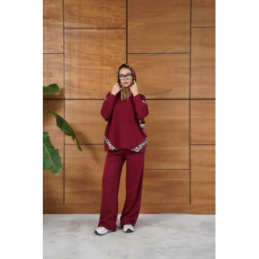 Leopar Desen Kapüşonlu Modal Takım Bordo