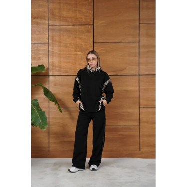 Leopar Desen Kapüşonlu Modal Takım Siyah