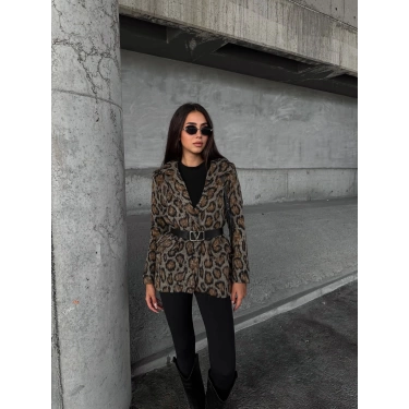 Leopar Desen Kemer Detaylı Ceket