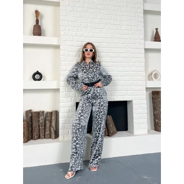 Leopar Desenli İki Takım Gri