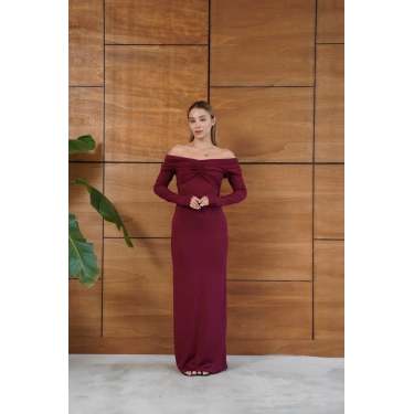 Madonna Yaka Büzgü Detaylı Uzun Elbise Bordo