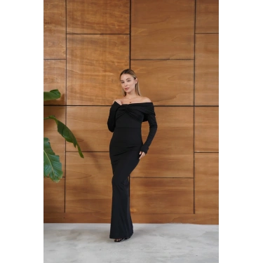Madonna Yaka Büzgü Detaylı Uzun Elbise Siyah