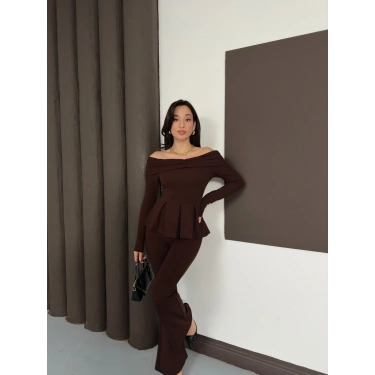 Madonna Yaka Pantolonlu Takım Acı Kahve