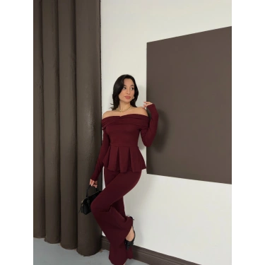 Madonna Yaka Pantolonlu Takım Bordo