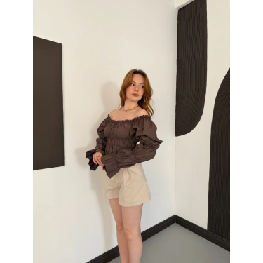 Madonna Yaka Poplin Kumaş Bluz Kahve