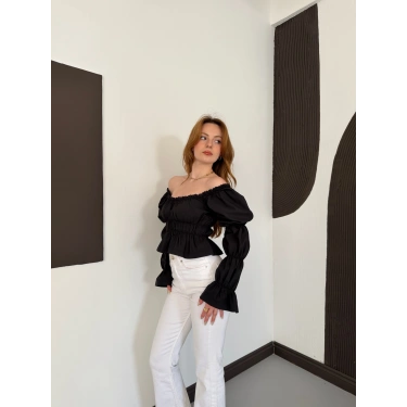 Madonna Yaka Poplin Kumaş Bluz Siyah