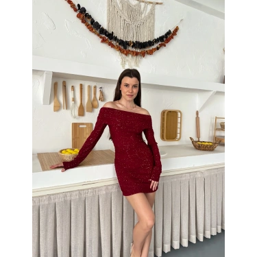 Madonna Yaka Simli Mini Elbise Bordo