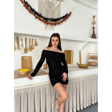 Madonna Yaka Simli Mini Elbise Siyah