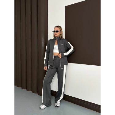 Modal Kumaş Şerit Detaylı Üçlü Set Takım Antrasit