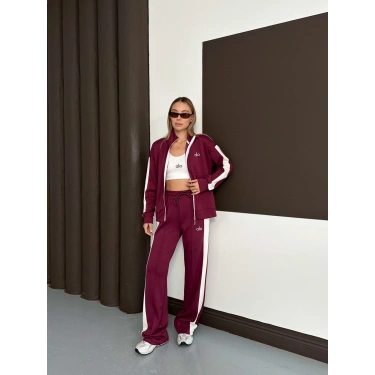 Modal Kumaş Şerit Detaylı Üçlü Set Takım Bordo