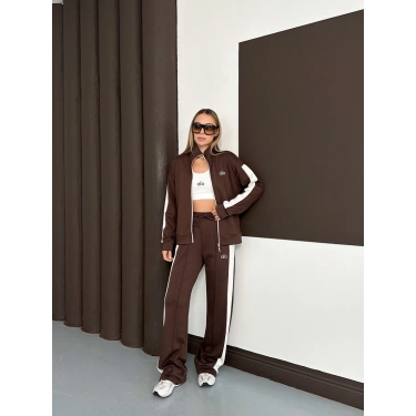 Modal Kumaş Şerit Detaylı Üçlü Set Takım Kahve