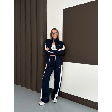 Modal Kumaş Şerit Detaylı Üçlü Set Takım Lacivert