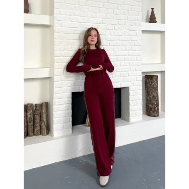 Modal Kumaş Taş Detay Takım Bordo