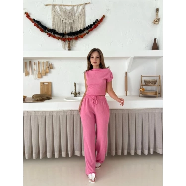 Omuz Detaylı Bürümcük Takım Pembe