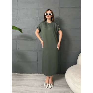 Omuz Düğme Detaylı Elbise Haki