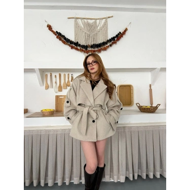 Omuz Manşet Detaylı A Kalite Kaşe Kaban Bej