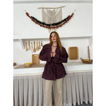 Omuz Manşetli Kuşaklı Denim Ceket Bordo