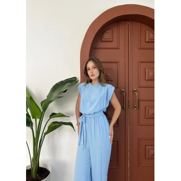 Omuz Vatkalı Bel Kuşaklı Premium Tulum Mavi