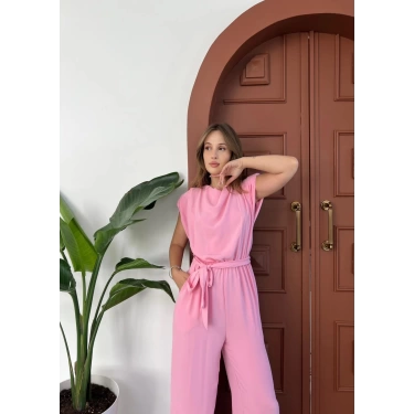 Omuz Vatkalı Bel Kuşaklı Premium Tulum Pembe