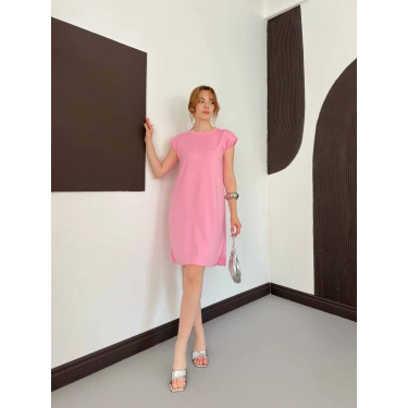 Omuz Vatkalı Sandy Basic Elbise Pembe