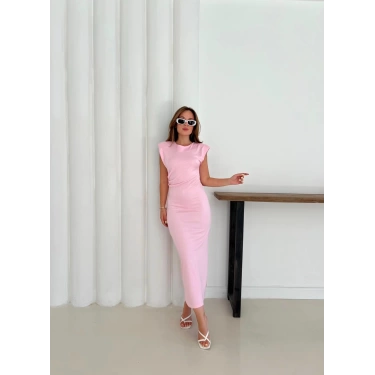 Omuz Vatkalı Taş Detaylı Elbise Pembe