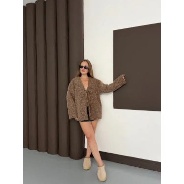 Ön Bağlama Detaylı Kaşe Ceket Kahverengi