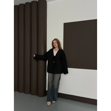 Ön Bağlama Detaylı Kaşe Ceket Siyah