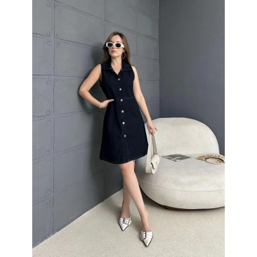 Ön Düğme Detaylı Denim Elbise Siyah