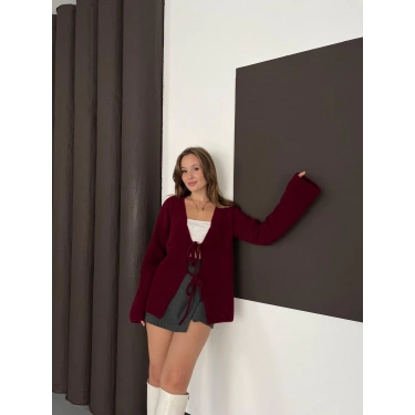 Önden Bağlama Detaylı Triko Hırka Bordo