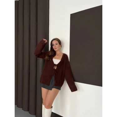 Önden Bağlama Detaylı Triko Hırka Kahve