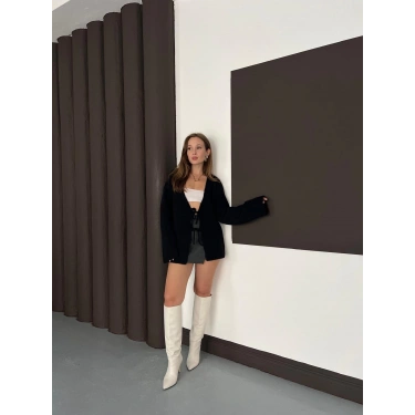 Önden Bağlama Detaylı Triko Hırka Siyah