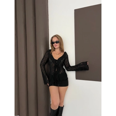 Önden Bağlama Transparan Bluz Siyah