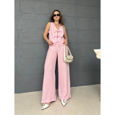 Önden Bağlamalı Keten Yelekli Takım Pembe