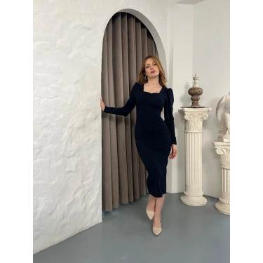 Önü Büzgü Detay Uzun Kol Elbise Lacivert