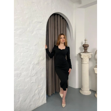 Önü Büzgü Detay Uzun Kol Elbise Siyah