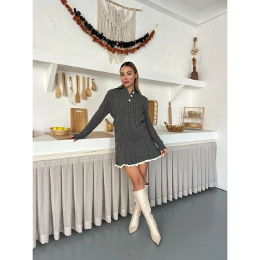 Örme Triko Etekli İkili Set Antrasit