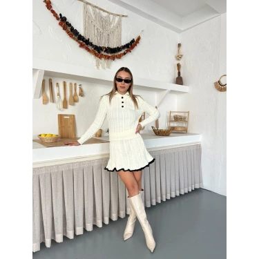 Örme Triko Etekli İkili Set Ekru