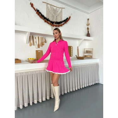 Örme Triko Etekli İkili Set Fuşya