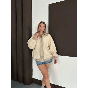 Oversize Salaş Teddy Peluş Ceket Ekru