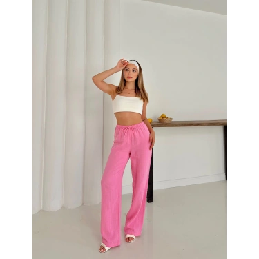 Pamuklu keten Palazzo Pantolon Pembe